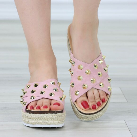 Pink Platform Sandals Nubuck Espadrille Heel Gold Metal Stud Slip On Sliders - Picture 3 of 12